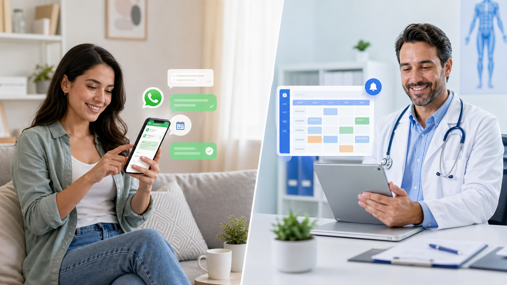 Paciente usando o WhatsApp e médico consultando sua agenda em um tablet