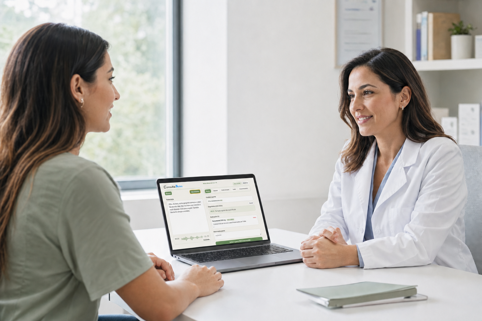 Médica conversa com a paciente enquanto o Consulta Notes organiza a consulta no notebook