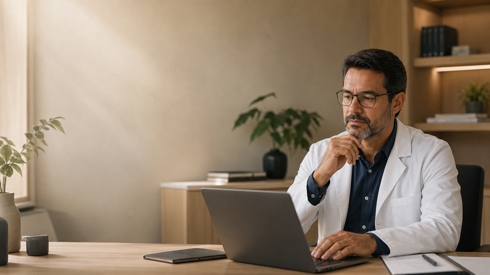 Médico analisando a operação da clínica em um notebook