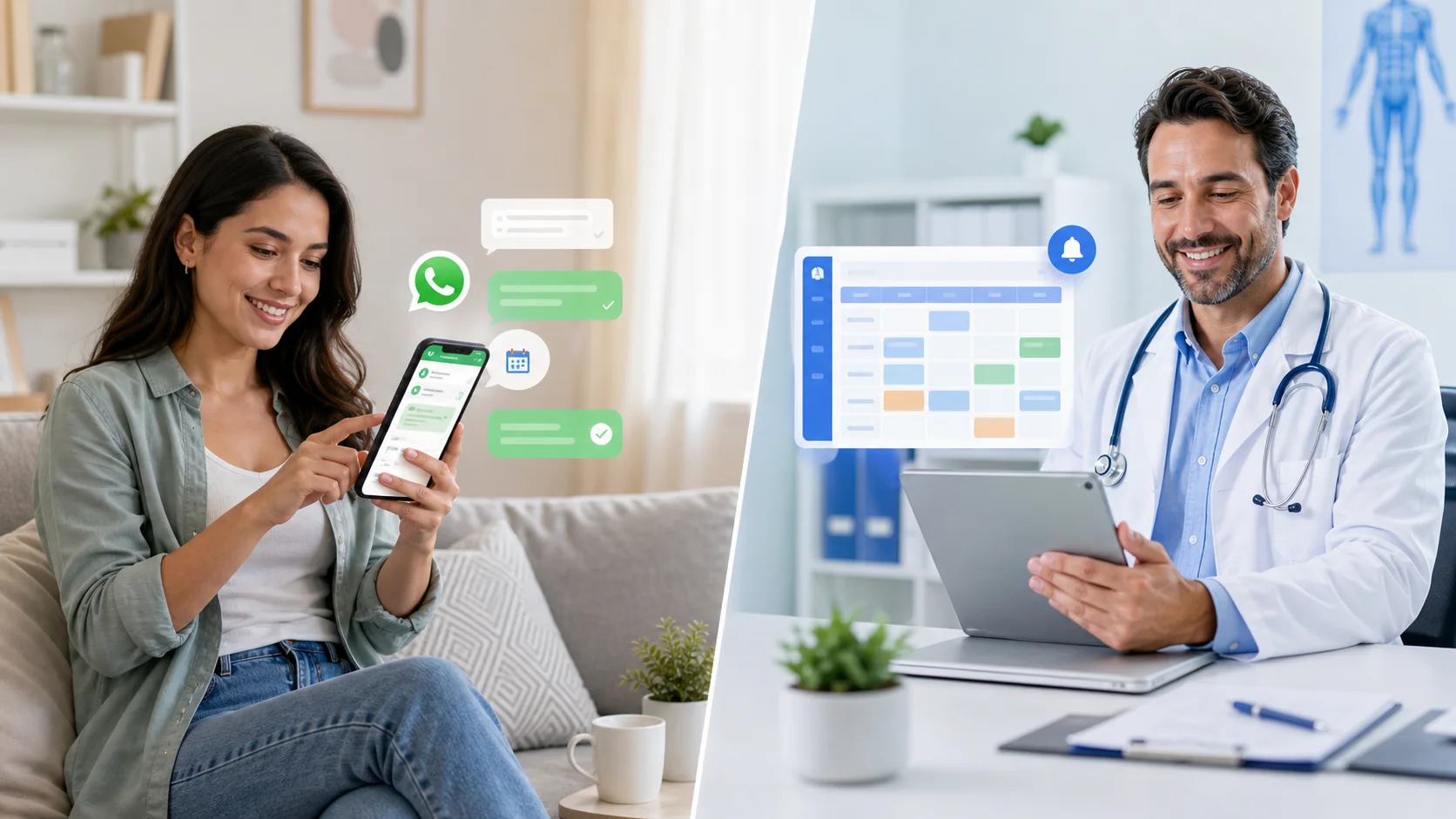 Paciente usando o WhatsApp e médico consultando sua agenda em um tablet