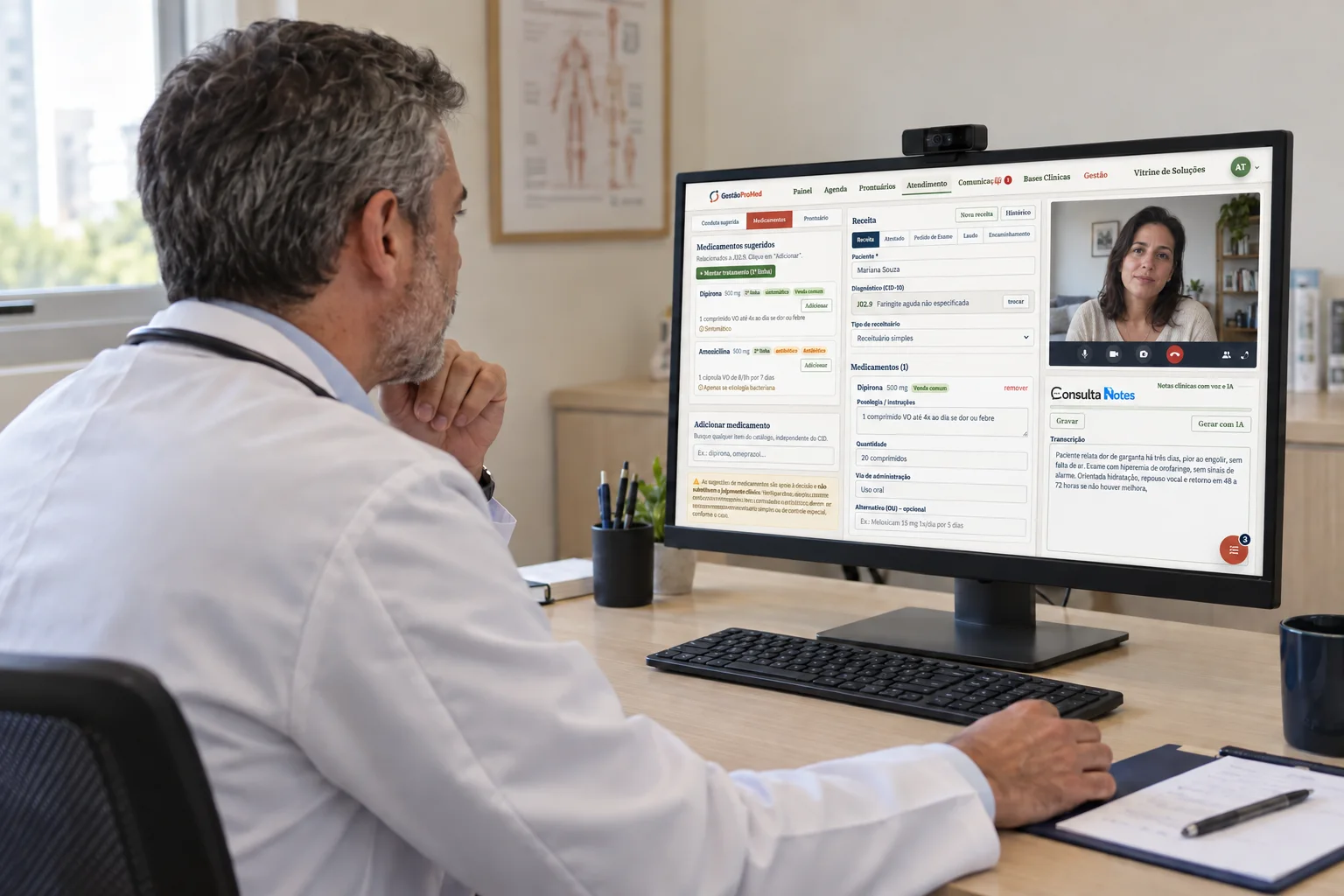 Simulação de teleconsulta na tela de Atendimento do GestãoProMed, com receituário, vídeo da paciente e integração ao Consulta Notes.